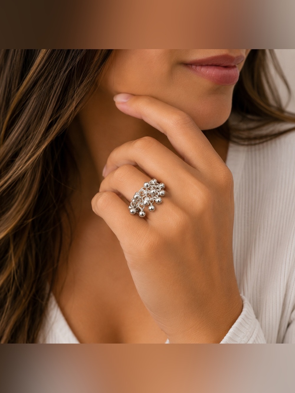 Chic Silver Beaded Women's Ring 7.5 (925)